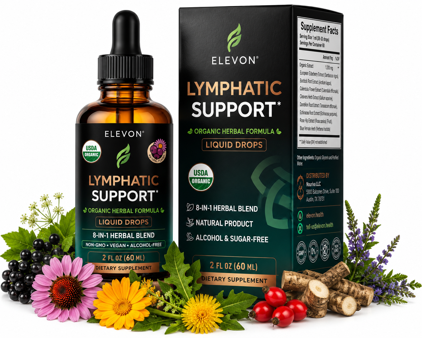 Elevon Organic Lymphatic Support Drops — 8-in-1 Herbal Blend | Echinacea, Dandelion Root & Burdock | Alcohol-Free & Sugar-Free Liquid Extract | Vegan, Non-GMO | 2 FL OZ (60 mL)
