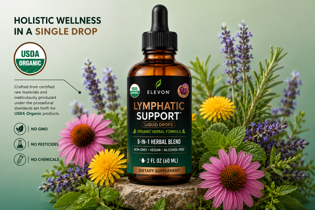 Elevon Organic Lymphatic Support Drops — 8-in-1 Herbal Blend | Echinacea, Dandelion Root & Burdock | Alcohol-Free & Sugar-Free Liquid Extract | Vegan, Non-GMO | 2 FL OZ (60 mL)