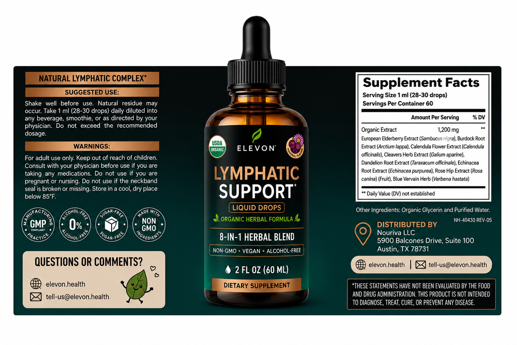 Elevon Organic Lymphatic Support Drops — 8-in-1 Herbal Blend | Echinacea, Dandelion Root & Burdock | Alcohol-Free & Sugar-Free Liquid Extract | Vegan, Non-GMO | 2 FL OZ (60 mL)
