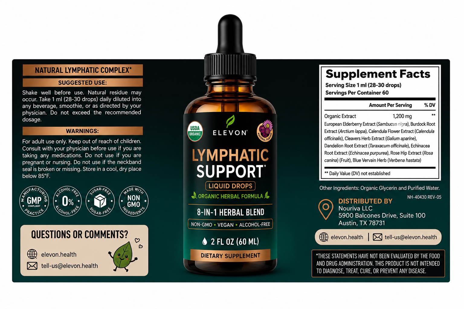 Elevon Organic Lymphatic Support Drops — 8-in-1 Herbal Blend | Echinacea, Dandelion Root & Burdock | Alcohol-Free & Sugar-Free Liquid Extract | Vegan, Non-GMO | 2 FL OZ (60 mL)