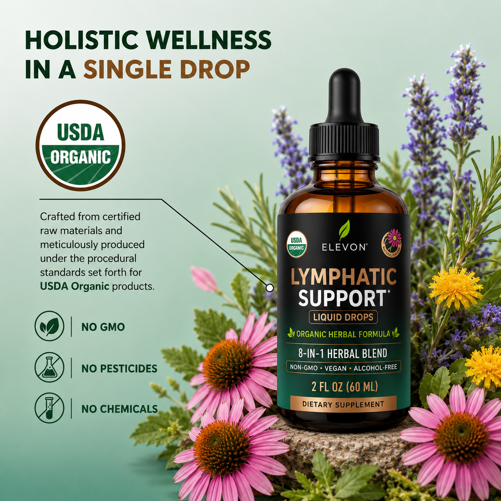 Elevon Organic Lymphatic Support Drops — 8-in-1 Herbal Blend | Echinacea, Dandelion Root & Burdock | Alcohol-Free & Sugar-Free Liquid Extract | Vegan, Non-GMO | 2 FL OZ (60 mL)