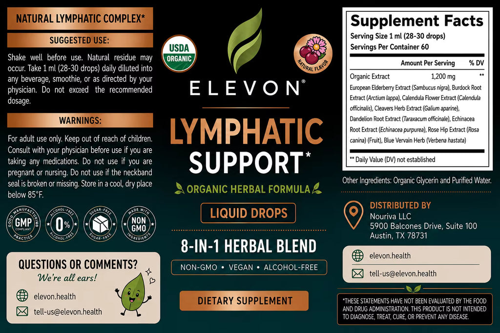 Elevon Organic Lymphatic Support Drops — 8-in-1 Herbal Blend | Echinacea, Dandelion Root & Burdock | Alcohol-Free & Sugar-Free Liquid Extract | Vegan, Non-GMO | 2 FL OZ (60 mL)